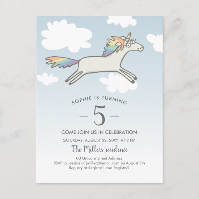 Unicorn Rainbow Hand Drawn Cute 5th Birthday Invitation Postcard (Front)