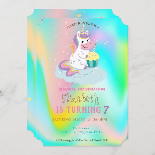 Unicorn Rainbow Holographic Magical Birthday Invitation