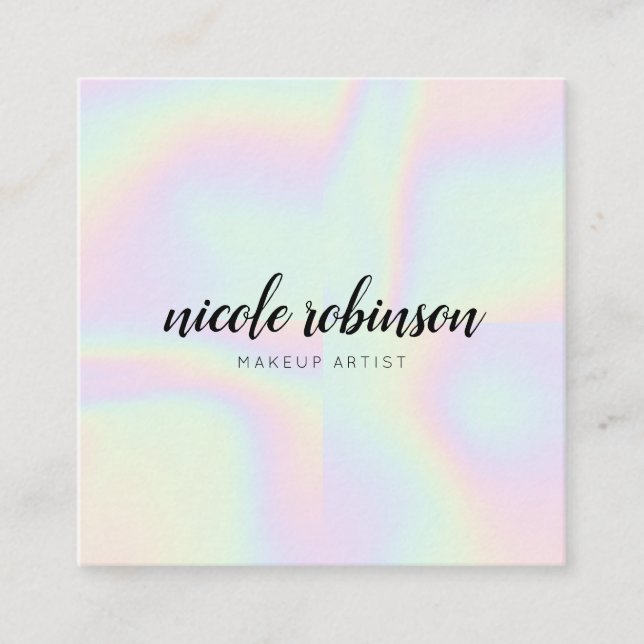 Unicorn rainbow holographic modern makeup artist square business card (Front)