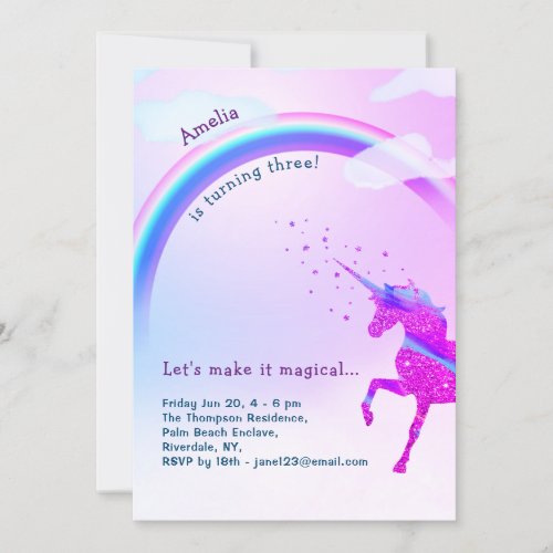 Unicorn Rainbow Iridescent Glitter Stars Magical Invitation