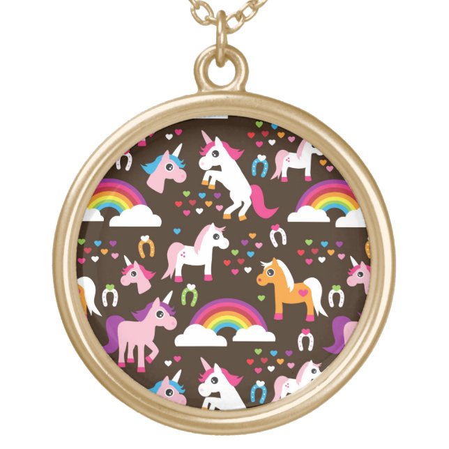 unicorn rainbow kids background horse gold plated necklace (Front)