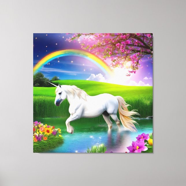 Unicorn Rainbow Landscape Flowers One Canvas Print (Front)
