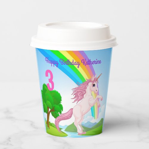 Unicorn Rainbow Little Girls Birthday Age  Name Paper Cups