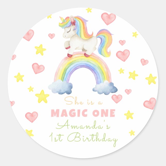 Unicorn Rainbow Magic One First Birthday Classic Round Sticker (Front)