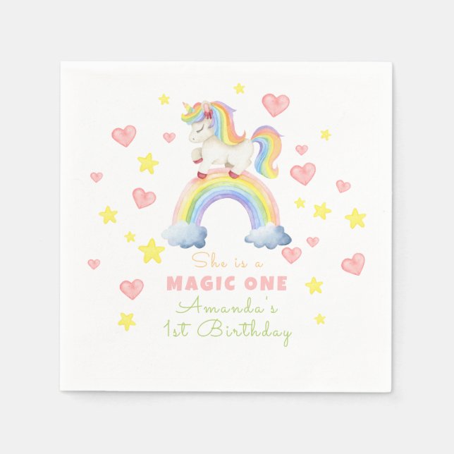 Unicorn Rainbow Magic One First Birthday Napkins (Front)
