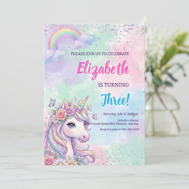 Unicorn Rainbow Magical Birthday Invitation (Standing Front)