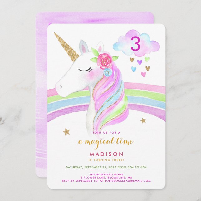 Unicorn Rainbow Magical Birthday Invitation (Front/Back)