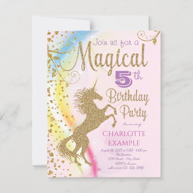Unicorn Rainbow Magical Birthday Party Invitations (Front)