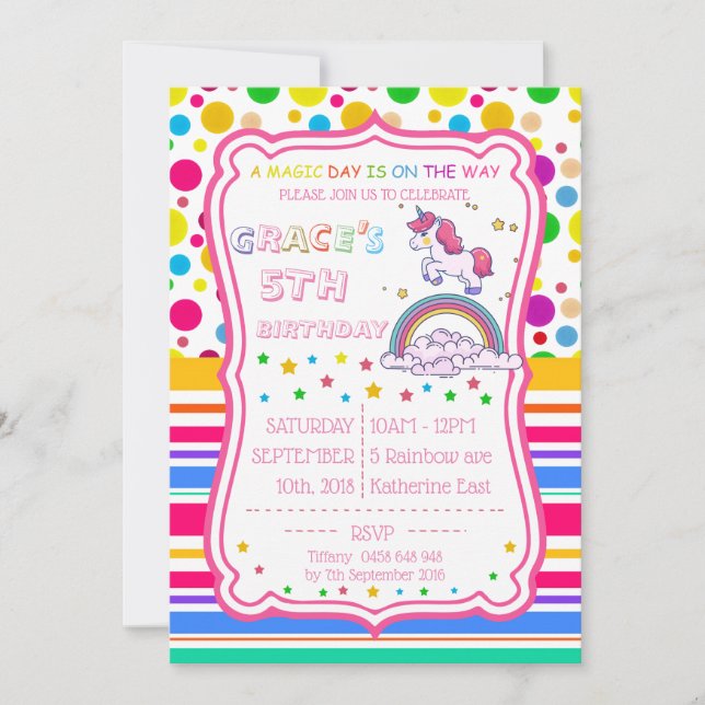 Unicorn Rainbow Magical Birthday Personalize RSVP Invitation (Front)