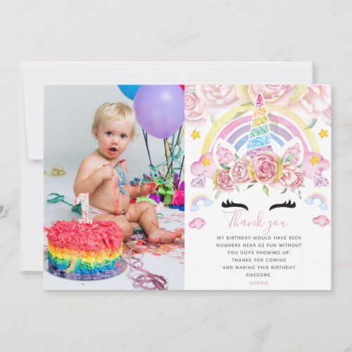 Unicorn Rainbow Magical Glitter Birthday Photo Thank You Card