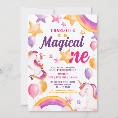 Unicorn Rainbow Magical One 1st Birthday Party Inv Invitation