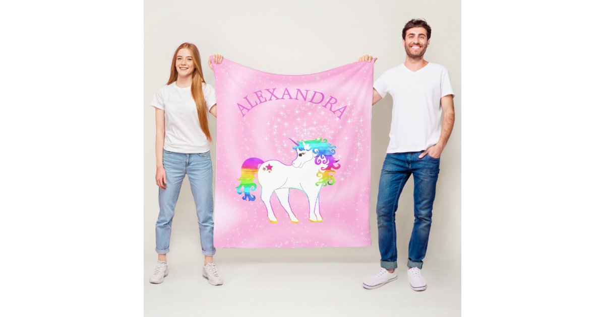 Unicorn Rainbow Magical Pink Cute Customized Fleece Blanket Zazzle Com