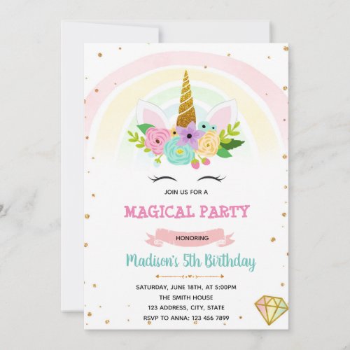 Unicorn rainbow magical shower birthday invitation