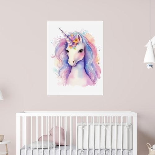 Unicorn Rainbow Mane Watercolor Nursery  Poster