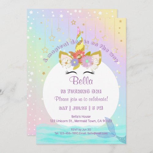 Unicorn Rainbow Mermaid First Birthday Invitations