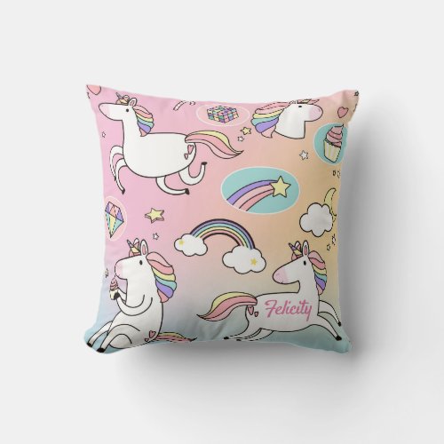 Unicorn Rainbow Monogram Colorful Girly Cute Throw Pillow