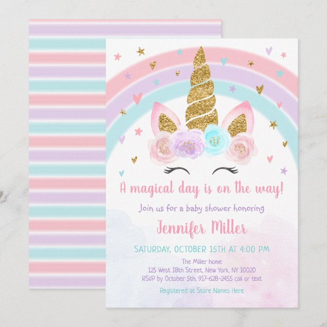 Unicorn Rainbow Pastel Baby Shower Invitation (Front/Back)