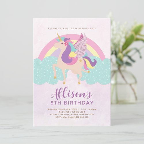 Unicorn Rainbow Personalised Birthday Invitation