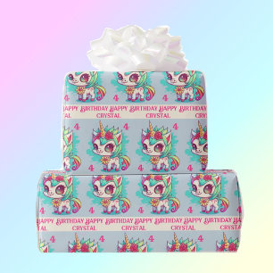 Unicorn Rainbow Personalize Name & Age Girl's Wrapping Paper