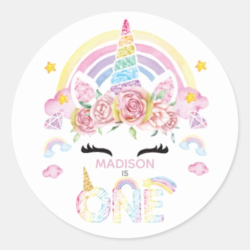 Unicorn Rainbow Personalized First Birthday Classic Round Sticker