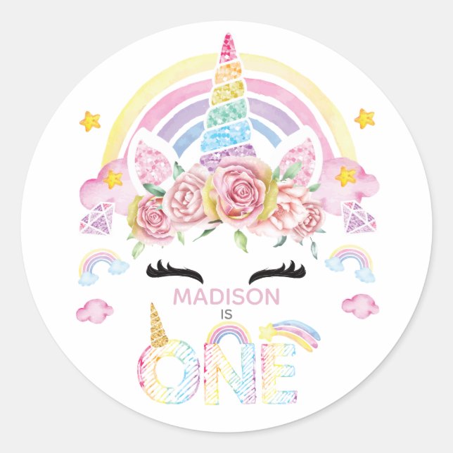 Unicorn Rainbow Personalized First Birthday Classic Round Sticker (Front)