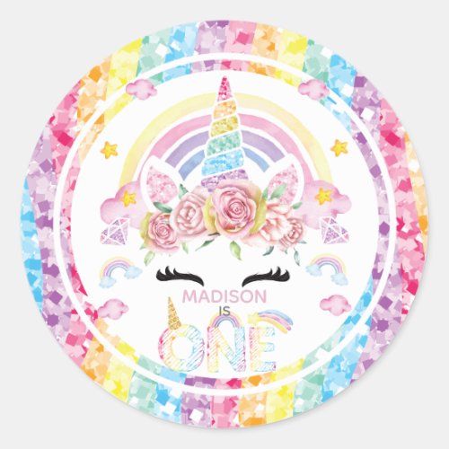 Unicorn Rainbow Personalized First Birthday Classic Round Sticker