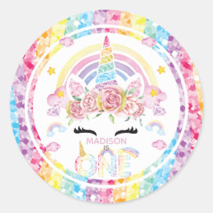 Unicorn Rainbow Personalized First Birthday Classic Round Sticker