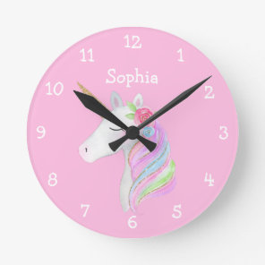 Unicorn Rainbow Personalized Girl Name Pastel Round Clock