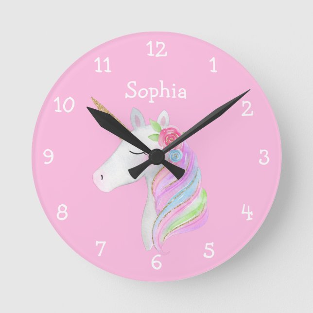 Unicorn Rainbow Personalized Girl Name Pastel Round Clock (Front)