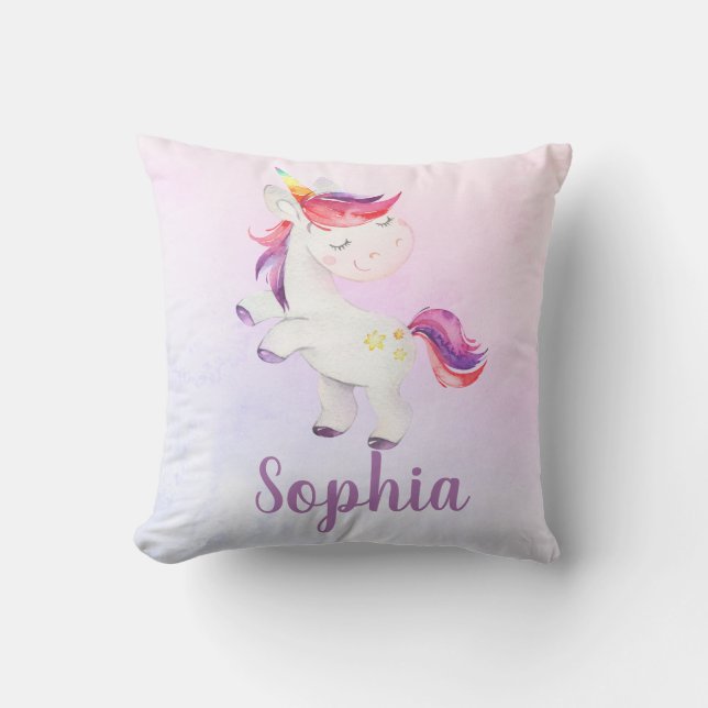 Unicorn Rainbow Personalized Name Pink Watercolor Throw Pillow (Front)