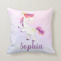 Unicorn Rainbow Personalized Name Pink Watercolor Throw Pillow