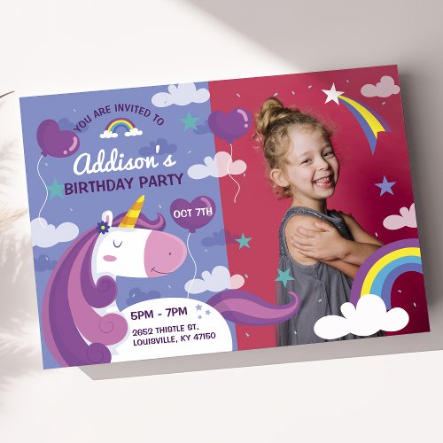 Unicorn Rainbow Photo Birthday Party Invitation