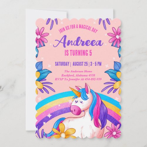 Unicorn Rainbow Pink Birthday Girl Invitation