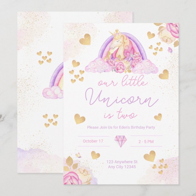 Unicorn Rainbow Pink Birthday Invitation for Girls (Front/Back)