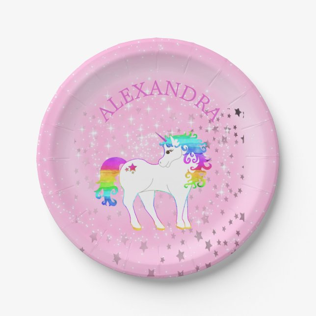 Unicorn Rainbow Pink Cute  Birthday Paper Plates (Front)