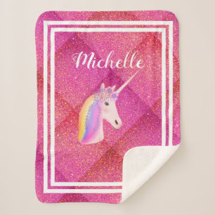 Unicorn Rainbow Pink Glitter Personalized Kid's Sherpa Blanket