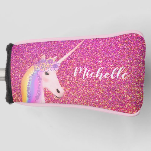 Unicorn Rainbow Pink Glitter Sparkle Personalized Golf Head Cover