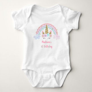 Unicorn Rainbow Pink Gold 1st Birthday Baby Bodysuit