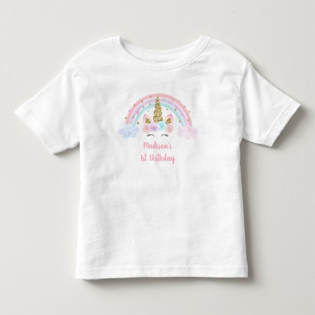 Unicorn Rainbow Pink Gold 1st Birthday Toddler T-shirt (Front)