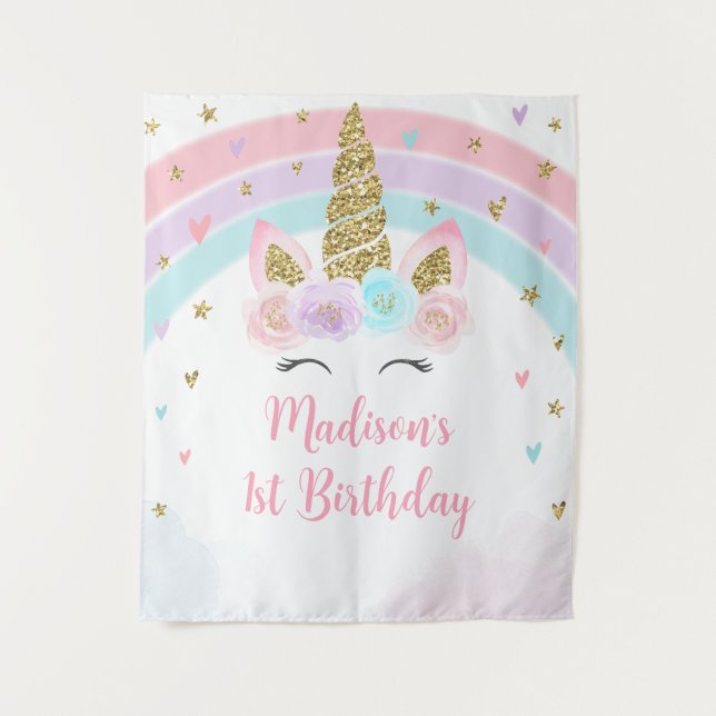 Unicorn Rainbow Pink Gold Birthday Backdrop (Front)