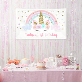 Unicorn Rainbow Pink Gold Birthday Banner