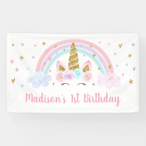 Unicorn Rainbow Pink Gold Birthday Banner