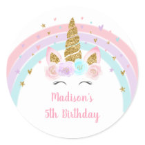 Unicorn Rainbow Pink Gold Birthday Classic Round Sticker