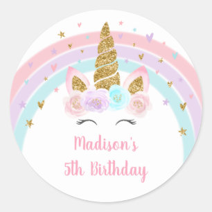 Unicorn Rainbow Pink Gold Birthday Classic Round Sticker