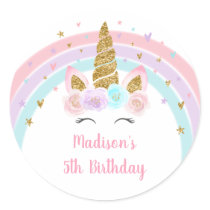 Unicorn Rainbow Pink Gold Birthday Classic Round Sticker
