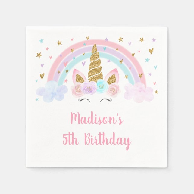 Unicorn Rainbow Pink Gold Birthday Napkins (Front)