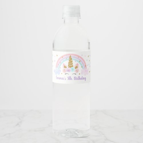 Unicorn Rainbow Pink Gold Birthday Water Bottle Label