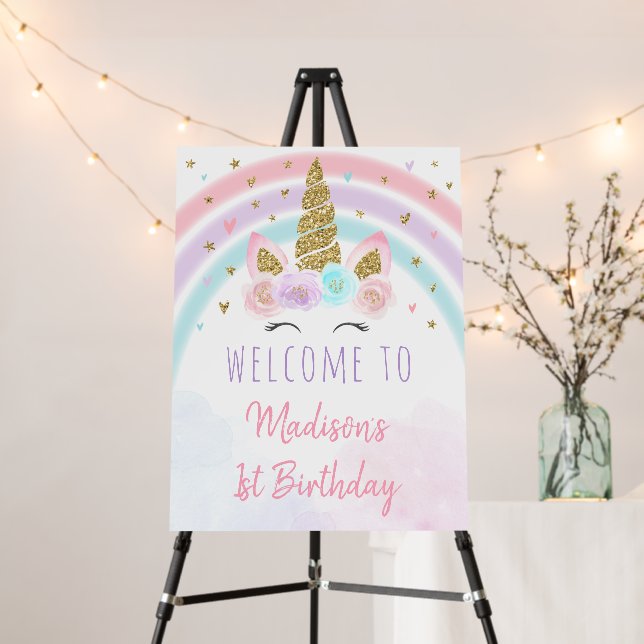 Unicorn Rainbow Pink Gold Birthday Welcome Foam Board (In Situ (Stand))