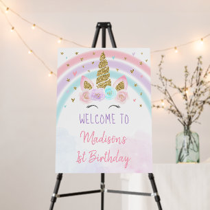 Unicorn Rainbow Pink Gold Birthday Welcome Foam Board
