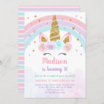 Unicorn Rainbow Pink Gold Drive By Birthday Invitation